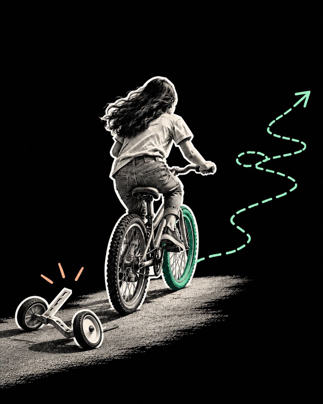 A girl riding off on her bike, the training wheels left behind on the path, a mint dotted line looping ahead