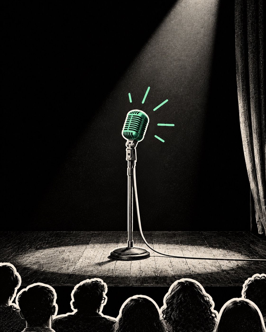 A vintage microphone in a spotlight on an empty stage, an audience in silhouette in front of it