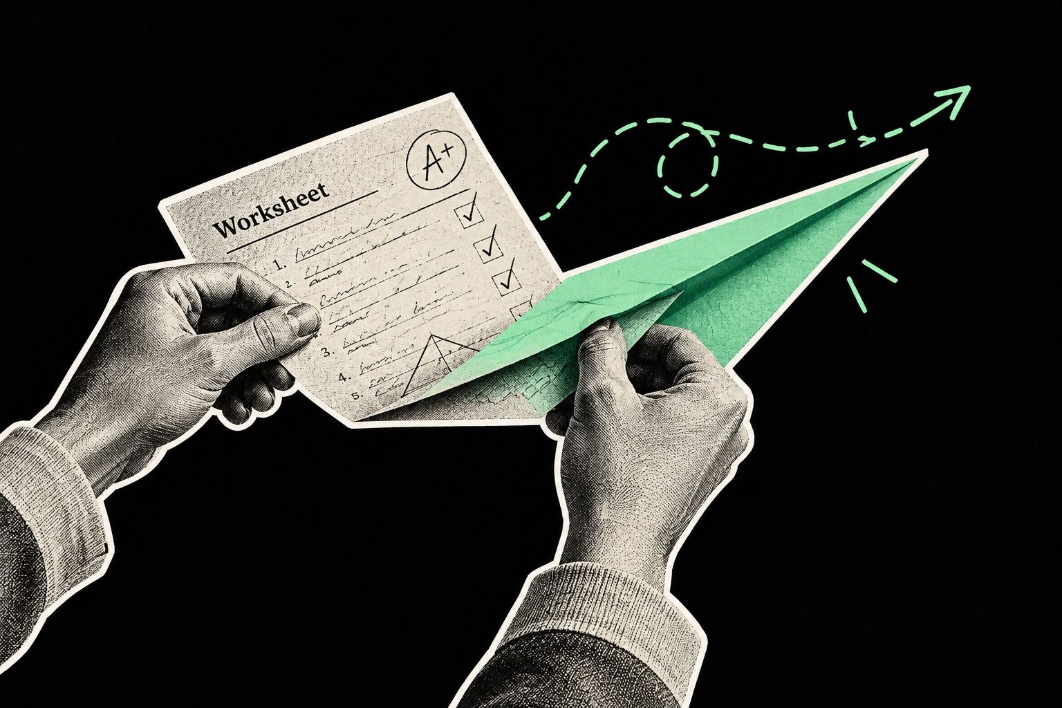 Two hands folding a worksheet marked A+ into a mint paper airplane, a dotted flight path heading off