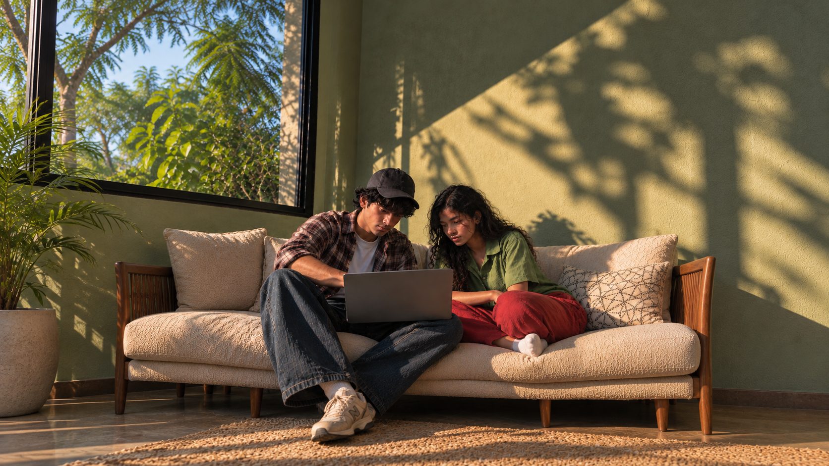 Two students working together at a laptop in warm sunlight