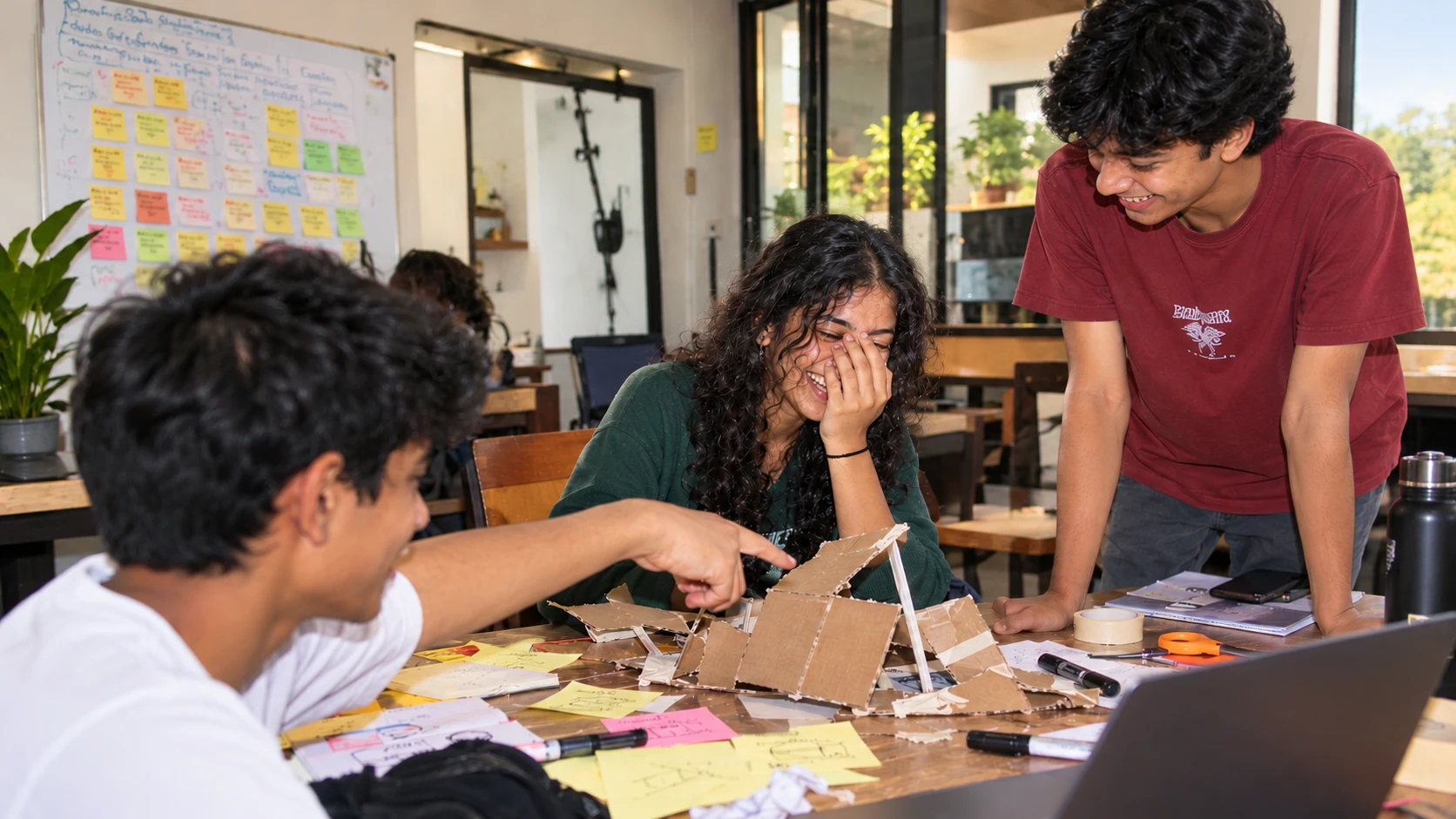 Three students laughing over the cardboard model they built, sticky notes and markers across the table