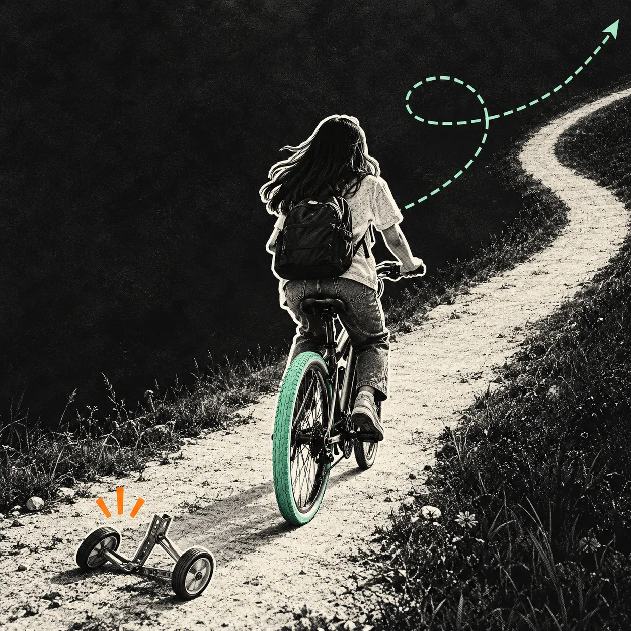 A girl riding off up a winding path on her bike, the training wheels left behind, a mint dotted line looping ahead