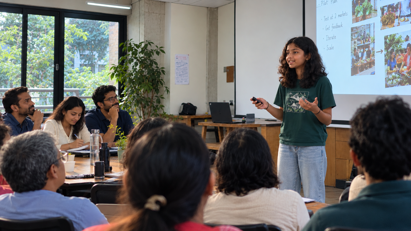 A student presenting her pilot plan to a room of classmates and mentors, her slides on the screen behind her