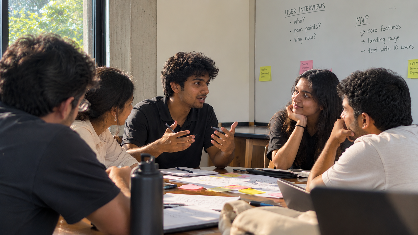 Young graduates around a table planning a product, user interview and MVP notes on the whiteboard behind them